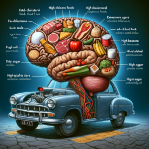 DALL·E 2024 02 01 11.35.39 Illustrate the human brain as a cars engine showing the effect of various diets on stroke risk. Depict areas in the brain with fatty and high choles