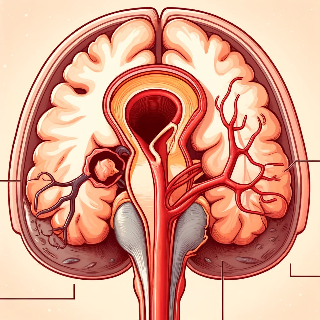 DALL·E 2024 03 28 16.27.55 A cartoon style educational illustration focusing on a closer more zoomed in view of a specific part of the brain depicting a ruptured aneurysm. Th